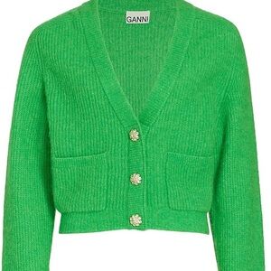 Ganni embellished button knitted wool cardigan in XL kelly green